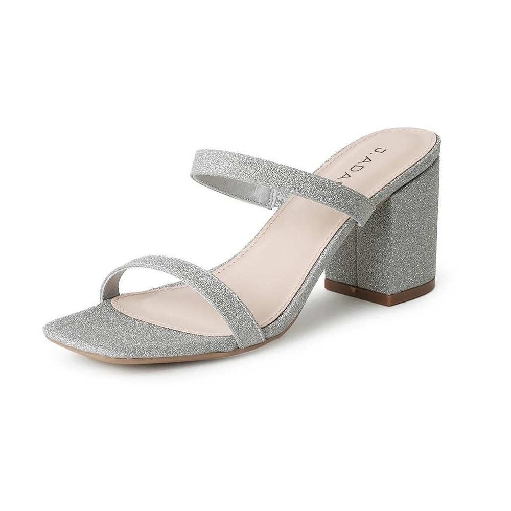 J. Adams Stormy Silver Glitter Block Heel Square Toe Slide Sandals Women's 8 NEW